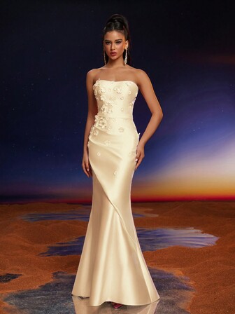 Anymoon 3D手工花卉荷叶边美人鱼伴娘礼服