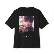 Rafayel Love And Deepspace Spotify Shirt Oversized LADS Otome Game Aesthetic T-Shirt, Oversized Short Sleeve Classic Heavy Cotton T Shirt Printed Graphic Tee Women's Casual Short-Sleeved Top - 黑色 - 查看 4