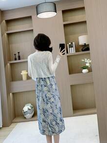 RUIWY 2pcs Spring Women Fashion Elegant Apricot Knitted Sweater & Bowknot Print Blue Dress Set - Blue - View 2