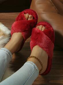 Zapatillas de estar por casa de mujer suaves y esponjosas para otoño/invierno, zapatillas de dormitorio de tela de ante con decoraciones, zapatillas de estar por casa rojas con cruce y esponjosas y cómodas, zapatillas navideñas, atuendos de Año Nuevo