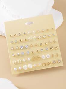 1 套/30 件时尚简约可爱花朵金属心形水钻蝴蝶结叶子设计耳钉首饰套装，节日礼物，适合日常佩戴 - 彩色 - 查看 6