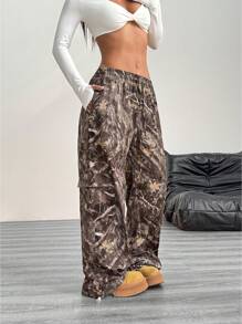 Y2K 风格弹性腰部复古休闲印花降落伞裤，四季皆宜 - 棕色 - 查看 2