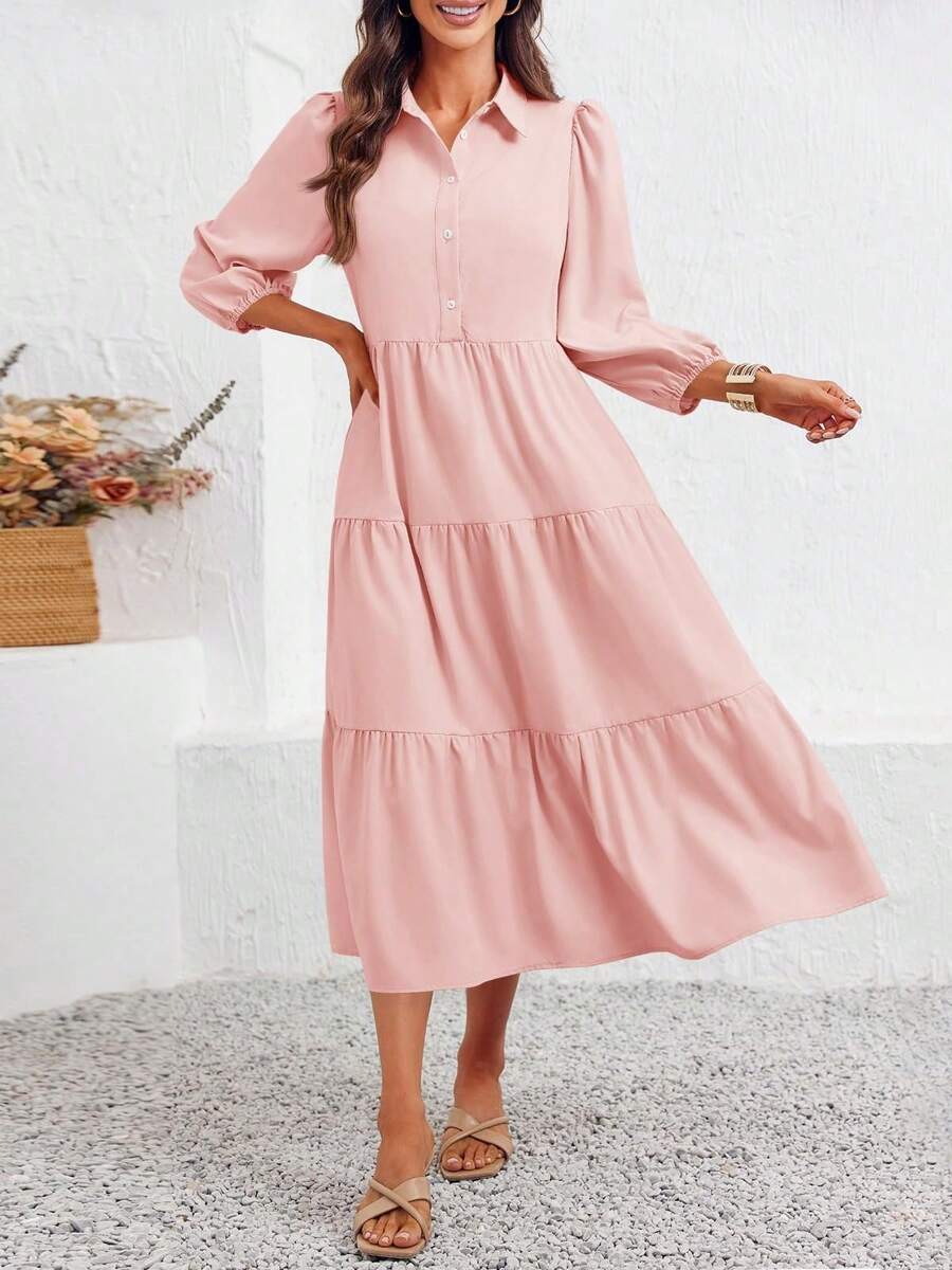 2026 Popular Fall Maxi Shirt Dress V Neck Vestidos Elegantes De Mujer Button Down 3/4 Sleeve Tiered Collared Flowy Design - Pink - View 1