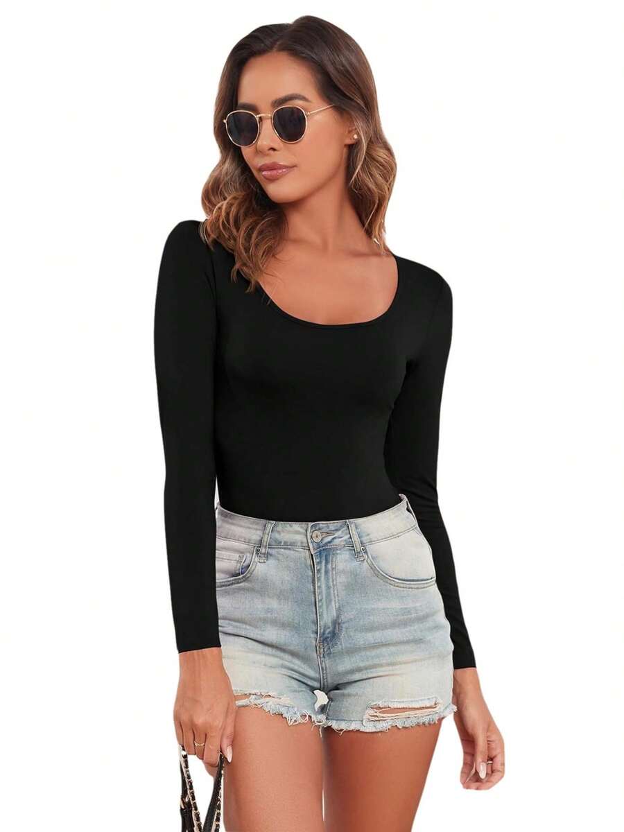 GEREARC Womens Scoop Neck Long Sleeve Tops Low Cut Basic Slim Fit Tee Tshirt - 黑色 - 查看 1