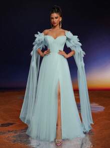 Anymoon Elegant Off Shoulder Mesh Applique Long Evening Dress, Party Dress, Wedding Guest Dress, Formal Dress,Gown