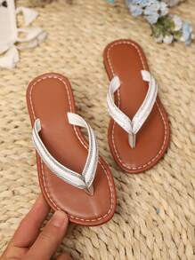 1 Pair Plus Size Sparkly Brown Toddler/Little Girls' Thong Sandals, PU Strap Design Round Toe Flat Non-Slip Fashion Minimalist Roman Slide Sandals, Suitable For 3-15 Years Old Girl Students Daily, Casual, Travel, Summer - Brown - View 5