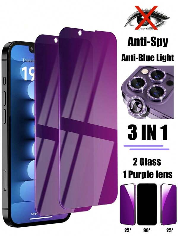 3-In-1 Set: 2pcs Purple Light Anti-Peep Tempered Glass Screen Protector + 1pc Purple Glitter Lens Protector, Privacy Protection Compatible With Iphone 11/12/13/14 Pro Max/15 Pro Max/16 Gift For Birthday, Family, Friends Anti-Spy, Phone Screen Protector, Phone Accessories
