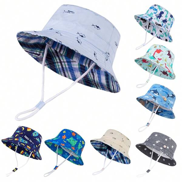 Sombrero protector solar LANGZHEN para niños y niñas pequeños, sombrero de ala ancha para verano y exterior, sombrero de cubo con correa para la barbilla