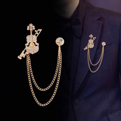 1pc Gold & Silver Guitar Shaped Hollow Music Instrument Creative Design High-End Brooch With Chain, Suitable For Men's Daily Wear
