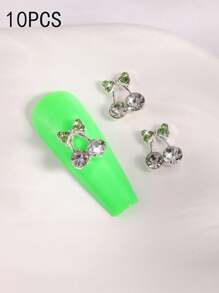 10pcs Green Leaf Cherry Nail Charms Metal Rhinestone Bowknot Nail Supplies Personalized Nail Art 3D Red And Blue Nail Gems Suitable For DIY Nail Salon And Personal Use