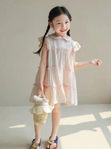 Girls' Summer New Frill Collar Embroidered Loose Dress, Fashion Children Dress - Baby Pink - View 5