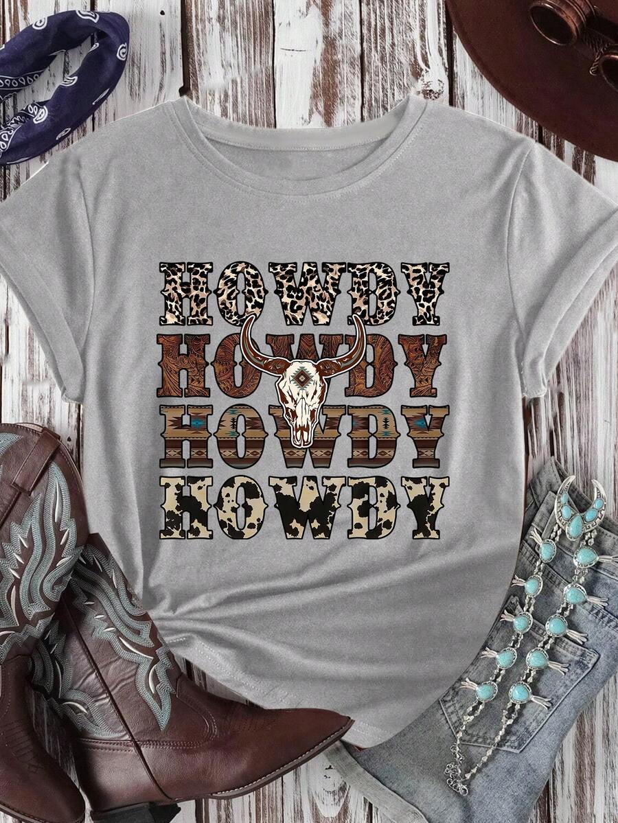 HOWDY，西部风，牛头骨，印花时尚女士夏季休闲彩色短袖上衣