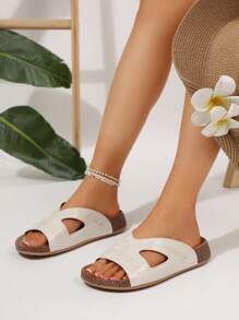 1 Pair Women's Fashion Flat Sandals, Beige & Metallic Color, Casual & Versatile For Commuting, Thick Sole Outdoor & Holiday, Metal Buckle Mule Design