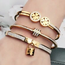 3 件套镀金珠宝礼物全水钻镶嵌腰带罗马风格 18K 金不锈钢手链女士