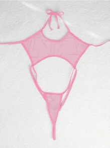 连体女式性感内衣，系带网眼性感紧身衣 - 淺粉色 - 查看 3