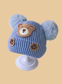 1pc Baby Knitted Hat With Ear Protection, Cute Bear Design, Pompom Decor, Brimless, Unisex, Warm For Autumn & Winter