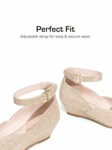 Girls Wedding Shoes | Dress Flats With Low Wedge Heel & Flower Ankle Strap For Toddler To Big Kid - Vàng - Xem 7