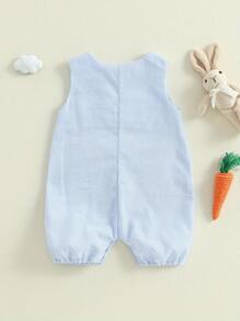 Baby Girl Boy Sleeveless Romper With Rabbit And Vertical Stripes Jumpsuits Perfect For Easter Every Day Wear - Blue - View 6