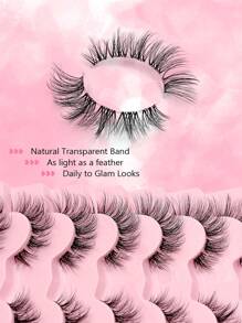 7对Asiteo蓬松轻盈猫眼假睫毛，自然迷人，日常佩戴，透明杆仿貂毛睫毛，柔软卷翘