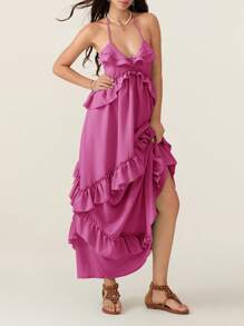 Womens Summer Spaghetti Strap Long Dress Boho Low Cut Dress Backless Flowy Midi Dress Bohemian Maxi Dresses Beachwear - 紫色 - 查看 5