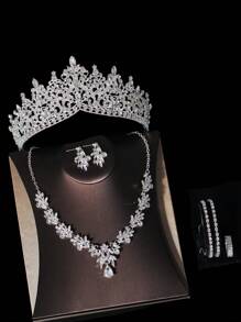 1set Women Bridal Accessories Set Including Crown, Necklace, Earrings, Bracelet And Ring, 7pcs, Suitable For Wedding Party And Other Special Occasions Tiaras Halloween - Silver - View 3