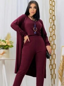3 Piece Set Lanzinha Tank Top With Pants + Cardigan - Burdeos - Ver 1