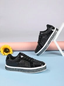 Zapatillas de deporte minimalistas y elegantes de lujo discreto con destellos negros, versátiles, cómodas y casuales, adecuadas para el uso diario y celebraciones festivas, antideslizantes, de corte bajo, calzado de mujer - Negro - Ver 5