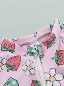 Toddler Girl Rash Guard Swimsuit Cherry/Bow Print Zipper Short Sleeve Zip Up Bathing Suit - Green - View 4