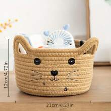 1 件可爱猫耳形编织收纳篮，面包形，圆形收纳篮，适用于书桌、零食、杂物、卧室、客厅、办公室、宿舍装饰和收纳配件