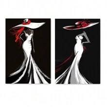 2 piezas Pósteres de arte de pared autoadhesivos con figura femenina elegante y estilosa que incluye vestido de noche de falda trompeta blanca, sombrero de ala ancha. Diseño autoadhesivo, fácil de instalar, para decoración