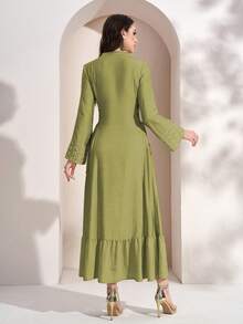 Women's Printed Minimalist Everyday Arabic Style Dress, Women's Solid Color Radish Print Patchwork Elegant Long Cinched Waist Waist Dress, Ribbon Patchwork Long Sleeve Dress, Suitable For Everyday, Dates, And Multiple Occasions - Kiwi Color - View 2