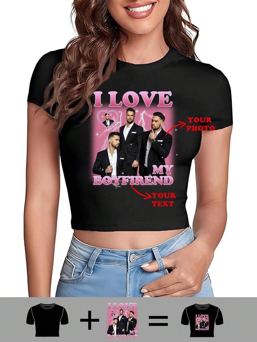 Camiseta personalizada de mujer y camisa ajustada - Agrega tu propio texto/imagen (insignia/logotipo de empresa/foto familiar/selfie) para diseñar tu camiseta impresa personalizada, logo | Negocio | Regalo de boda | Ropa de fiesta | Regalo de cumpleaños | Disfraz de Halloween | Ropa navideña, Regalo de aniversario, Día de San Valentín, Navidad, Acción de Gracias, Patrón de Año Nuevo - Negro - Ver 1