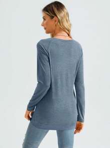 LKESRC Womens Casual Basic T-Shirts Fashion Blouse Tops Loose Crew Neck Long Sleeve - 霧藍色 - 查看 2