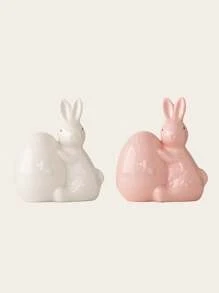 1 Peça Estatueta Cerâmica de Coelho Segurando Ovo, Branco/Rosa, Estilo Minimalista Fofo, Decoração de Páscoa, Adequado para Mesa de Escritório, Casa, Cozinha, Quarto, Sala de Estar, Enfeite Festivo
