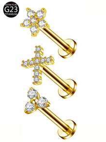 3Pcs G23 Titanium CZ Flower Cross T-Bar Internal Thread Studs Ear Lip Cartilage Women Body Jewelry For Daily Wear - 3 Earrings - View 10