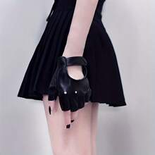 Adjustable Black Faux Leather Half Finger Gloves - Warm, Non-Stretch, Suitable For Cycling, Performance And Cosplay