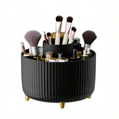 1个桌面旋转化妆品收纳盒，文具收纳盒，笔筒，化妆品展示架，多功能化妆刷架，护肤品收纳盒，塑料化妆刷架