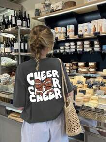 Tween 女童蝴蝶结和字母图案圆领短袖 T 恤，休闲夏季上衣 - 深灰色 - 查看 1