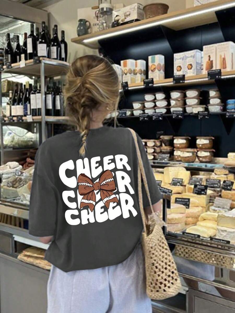 Tween 女童蝴蝶结和字母图案圆领短袖 T 恤，休闲夏季上衣 - 深灰色 - 查看 1