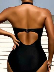 Figurbetonter Einteiler mit grafischem Muster, Bauchkontrolle Bikini mit hoher Taille und rückenfrei für Festivals/Musikfestivals und Urlaub, Damen Badeanzug mit gekreuzten Trägern für Strandurlaub - schwarze und weiße Streifen - Übersicht 3