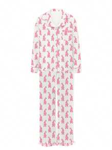 Women's 2 Piece Lounge Set Long Sleeve Lapel Bunny Print Shirt Pants Sleepwear Sets - Pink - View 5
