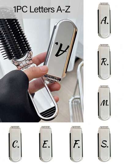 二合一镀银折叠梳子兼化妆镜 - 便携式，印有黑色 A-Z 字母和心形图案，适合旅行、度假和居家使用，方便携带，现代旅行美容工具