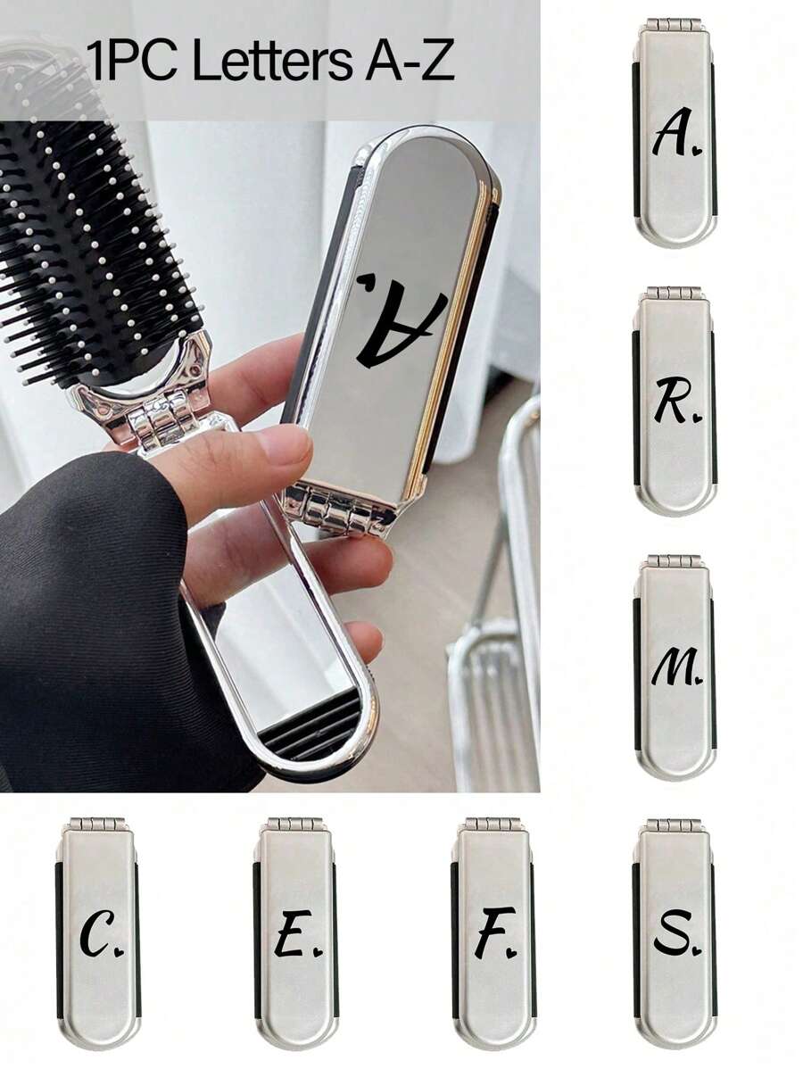 二合一镀银折叠梳子兼化妆镜 - 便携式，印有黑色 A-Z 字母和心形图案，适合旅行、度假和居家使用，方便携带，现代旅行美容工具