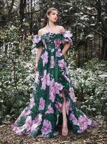Faeriesty Luxe 优雅露肩荷叶边晚礼服，后背系带和高开衩设计，非常适合庆典、婚礼、红毯活动、正式晚宴、慈善舞会 - 墨綠色 - 查看 1