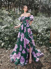 Faeriesty Luxe 优雅露肩荷叶边晚礼服，后背系带和高开衩设计，非常适合庆典、婚礼、红毯活动、正式晚宴、慈善舞会 - 墨綠色 - 查看 5