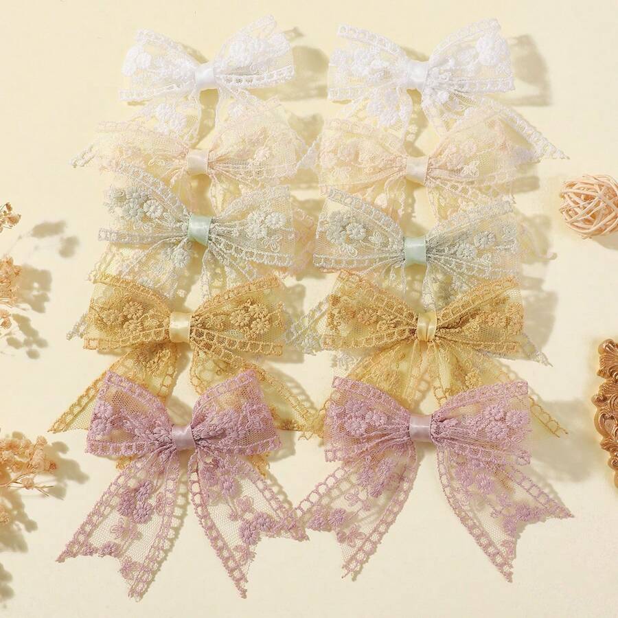 10pcs Solid Color Lace Trimmed Bow Hair Clips For Kids, Versatile Kids Hair Accessories For Back To School
