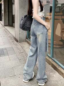 Washed Ripped Wide Leg Jeans - Blue - View 4