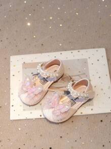 1 双女婴公主风格蝴蝶结 PU 钩环设计平底鞋，防滑闪光凉鞋，适合春夏季 - 粉色 - 查看 3