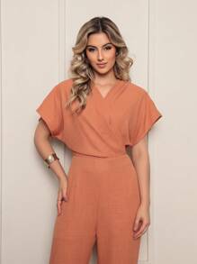 ALETHEIA - ELEGANT LINED SHORT SLEEVE OVERALLS WITH ZIPPER OPENING MADE IN LINEN -  WOMEN'S OVERALLS - Màu Cam cháy - Xem 3