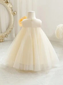 Baby Girls' Champagne Bow Christmas Party Dress, Elegant Princess Tulle Gown, Suitable For 1st Birthday, Wedding, Banquet, Holiday Celebration